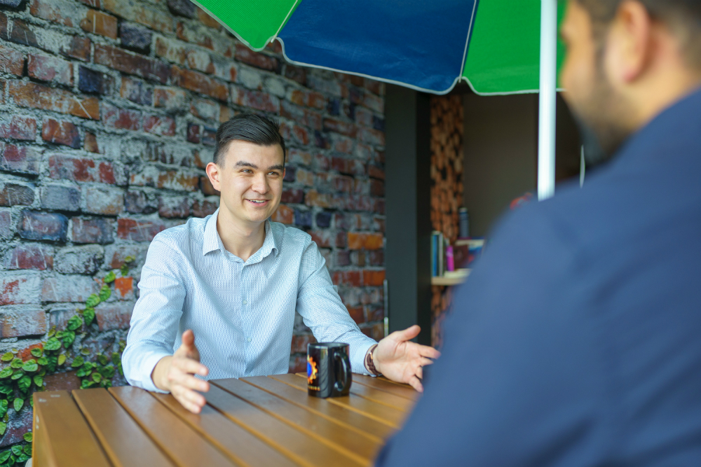Tiernan having a coffee break